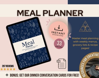 Meal planner Journal Instant download Weekly Grocery and List Kitchen Daily Food Planner Family Budget-friendly Quick and easy Printable