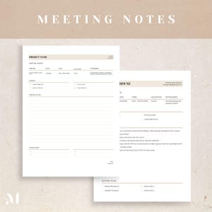 May include: A meeting notes template with a beige background. The template includes sections for project name, meeting notes, agenda, action items, and attendees. The template is designed for a house project and includes a section for the primary suite and guest bathroom.