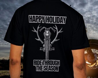 Motorcycle holiday t-shirt with antler bike back print | Biker gift for him