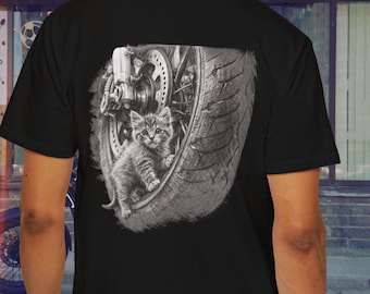 バイク猫Tシャツ｜バイカーの夫へのギフト｜バックプリントTシャツ