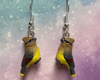 Hand-Painted Cedar Waxwing Bird Earrings – Gold or Silver Plated