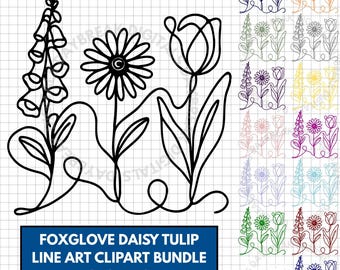 Subtle FDT Flowers Hand Drawn Clipart Bundle | Foxglove Daisy Tulip (Digital Download)