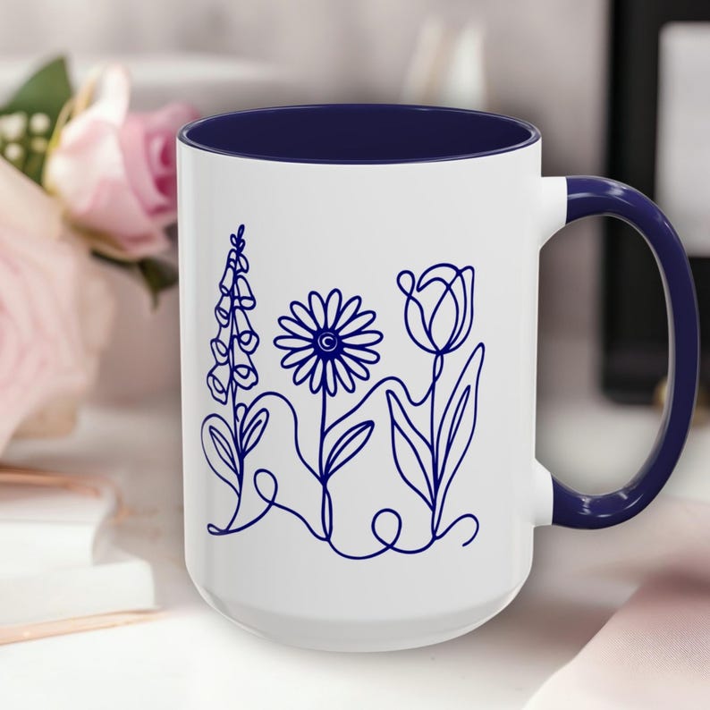 Foxglove Daisy Tulip Accent Coffee Mug | Subtle FDT Flowers Tea Cup, Resistance Drinkware (2 Sizes) Anti-trump, anti-maga, progressive kitchen gift, democratic activist, resist, 8647