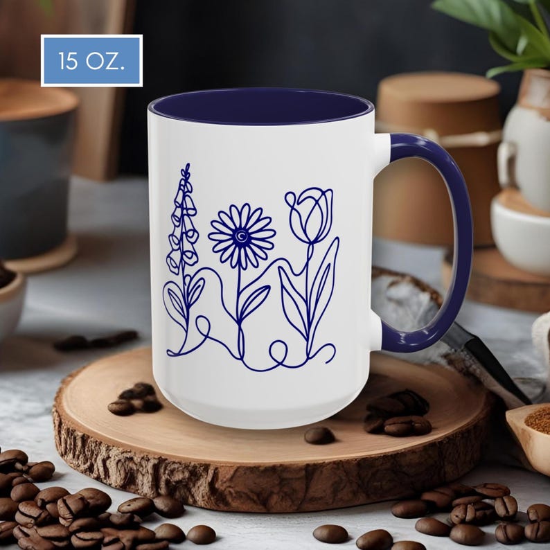 Foxglove Daisy Tulip Accent Coffee Mug | Subtle FDT Flowers Tea Cup, Resistance Drinkware (2 Sizes) Anti-trump, anti-maga, progressive kitchen gift, democratic activist, resist, 8647