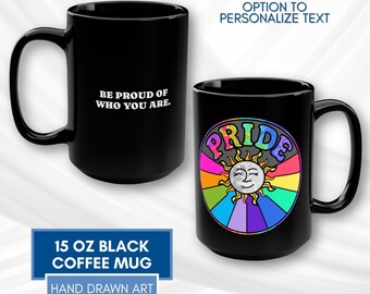 Retro Rainbow Pride Sun Coffee Mug | LGBTQ Tea Cup, Personalizable (15 oz)