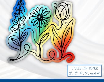 Dezente FDT Blumen Holographischer Vinyl-Aufkleber | Fingerhut Gänseblümchen Blume Regenbogen Sticker (5 Größen)
