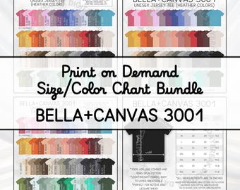 Bella+Canvas 3001 Unisex Tee Color Chart & Size Chart Bundle | Editable Canva Template + JPG | POD Seller Tools (Digital Download)