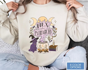 Hex the Patriarchy Witchy Feminist Sweatshirt | Halloween Activism Crewneck Sweater (Hand Drawn Art)