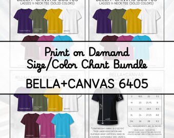 Bella+Canvas BC6405 / 6405CVC Ladies V-Neck Tee Color Chart & Size Chart Bundle | Editable Canva Template + JPG (Digital Download)