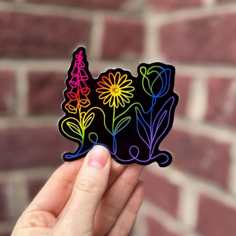 Fingerhut Daisy Tulip Vinyl-Aufkleber | Indoor Outdoor, Subtile FDT Blumen, 3 "Glänzend Rainbow & Black