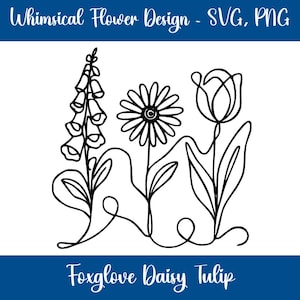 Dessin au trait fantaisiste fleurs FDT subtiles pour décalcomanies de voiture ou de fenêtre, sacs, cabas, tulipe Daisy digitale, téléchargement numérique instantané, svg png jpg