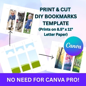 Marcador de página faça você mesmo, modelo editável Canva com linhas de corte, imprimível em papel de carta, marcadores de fotos de 2" x 6", arrastar e soltar, presentes para leitores literários