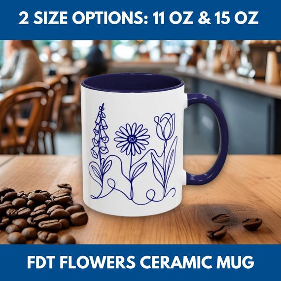 Subtle FDT Flowers Accent Coffee Mug | Foxglove Daisy Tulip, Blue (2 Sizes)