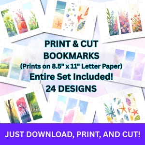 Marcadores de página imprimíveis, presente para leitores, designs de marcadores de página, 2" x 6", 24 designs, impressão em papel carta 8,5x11, presente para amantes de livros, acessório de leitura