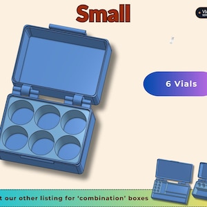 May include: A small blue plastic storage box with an open hinged lid, featuring six circular interior compartments. The text "Small" appears at the top, "VIAL STORAGE SERIES" in a corner, and "6 Vials" in a purple oval. Two additional box variations are shown.