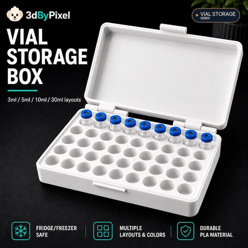 May include: A white rectangular vial storage box with an open hinged lid. The interior features a grid of circular slots for vials, with nine small clear glass vials with blue caps inserted in the top row. Text includes VIAL STORAGE BOX.