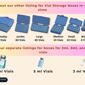 以下が含まれることがあります： Doomsday 105 Vials、Jumbo 60 Vials、Large 40 Vials、Medium 20 Vials、Small 10 Vials、Micro 4 Vialsとラベル付けされた6サイズの青いプラスチック製バイアル収納ボックスのコレクションと、10ml、5ml、3mlの銀色のキャップ付きガラスバイアル。