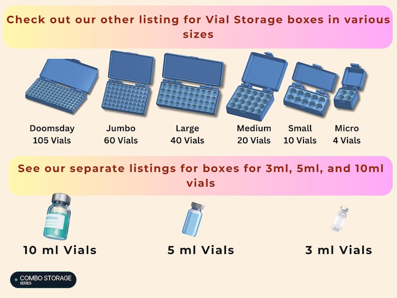 以下が含まれることがあります： Doomsday 105 Vials、Jumbo 60 Vials、Large 40 Vials、Medium 20 Vials、Small 10 Vials、Micro 4 Vialsとラベル付けされた6サイズの青いプラスチック製バイアル収納ボックスのコレクションと、10ml、5ml、3mlの銀色のキャップ付きガラスバイアル。