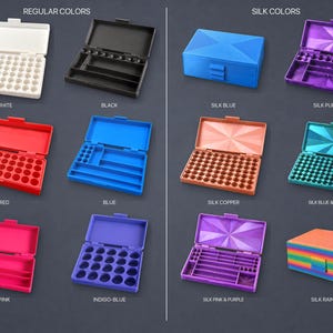 3dByPixel box color guide showing Regular and Silk options: White, Black, Red, Blue, Pink, Indigo-Blue, Silk Blue, Silk Purple, Silk Copper, Silk Blue & Green, Silk Pink & Purple, and Silk Rainbow.