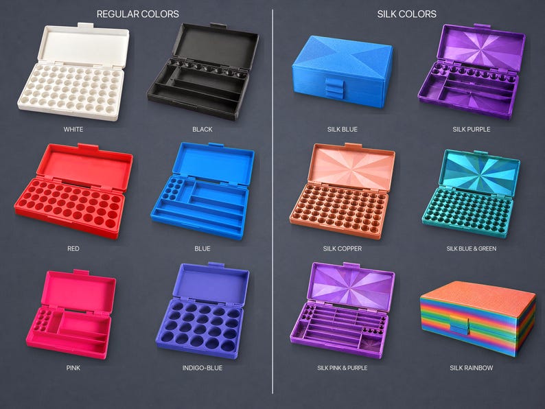 3dByPixel box color guide showing Regular and Silk options: White, Black, Red, Blue, Pink, Indigo-Blue, Silk Blue, Silk Purple, Silk Copper, Silk Blue & Green, Silk Pink & Purple, and Silk Rainbow.