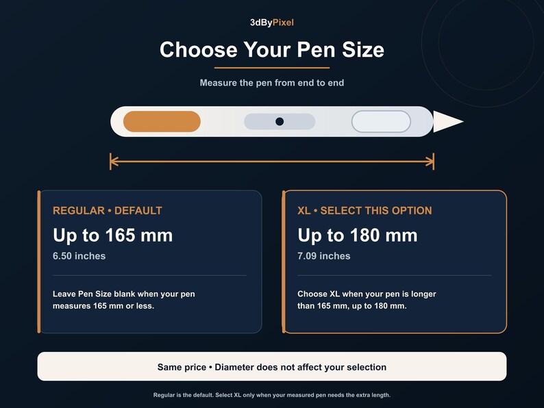 May include: An instructional graphic titled Choose Your Pen Size by 3dByPixel. It displays a stylus illustration with measurement arrows. Two options are provided: Regular Default for up to 165 mm, and XL Select This Option for up to 180 mm. The text includes guidance on selection.