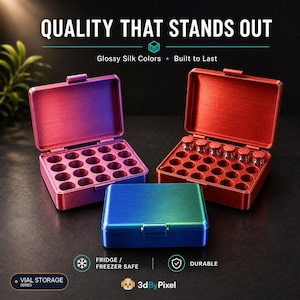 May include: Three rectangular storage boxes with hinged lids, featuring a glossy silk finish in purple, red, and a blue-green gradient. The boxes contain circular slots for vials, with several small glass vials visible in the red box. Text includes "QUALITY THAT STANDS OUT", "Glossy Silk Colors", "Built to Last", "FRIDGE / FREEZER SAFE", "DURABLE", and "VIAL STORAGE SERIES".