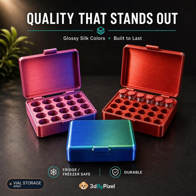 May include: Three rectangular storage boxes with hinged lids, featuring a glossy silk finish in purple, red, and a blue-green gradient. The boxes contain circular slots for vials, with several small glass vials visible in the red box. Text includes "QUALITY THAT STANDS OUT", "Glossy Silk Colors", "Built to Last", "FRIDGE / FREEZER SAFE", "DURABLE", and "VIAL STORAGE SERIES".