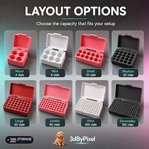 May include: A collection of eight rectangular storage boxes for vials, displayed in a grid with labels for capacity ranging from 4 to 150 vials. The boxes come in red, white, pink, and black, featuring hinged lids and internal circular slots.