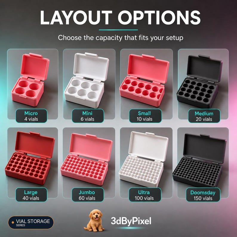 May include: A collection of eight rectangular storage boxes for vials, displayed in a grid with labels for capacity ranging from 4 to 150 vials. The boxes come in red, white, pink, and black, featuring hinged lids and internal circular slots.