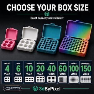 May include: Four open rectangular storage boxes in pink, white, teal, and a rainbow gradient. The boxes feature circular interior compartments for vials. Text reads: CHOOSE YOUR BOX SIZE, Exact capacity shown below, 3dByPixel, and a chart.