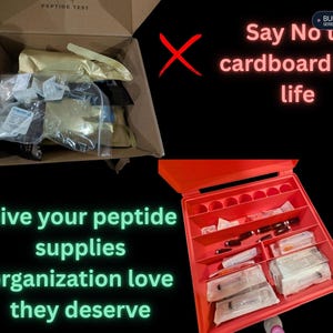 Pode incluir: Uma caixa de papel&atilde;o marrom cheia de suprimentos embalados em pl&aacute;stico e uma bandeja organizadora de pl&aacute;stico vermelho brilhante com v&aacute;rios compartimentos contendo frascos, seringas e suprimentos m&eacute;dicos, com texto sobre suprimentos de pept&iacute;deos.