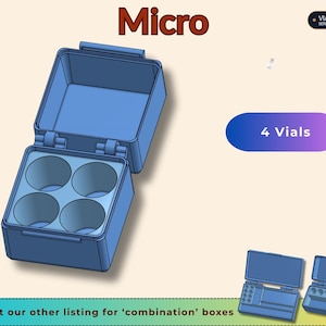 May include: A blue square storage box with a hinged lid and four circular interior compartments. The text Micro, Vial Storage Series, and 4 Vials are visible. Two smaller blue boxes are shown at the bottom with the text Check out our other listing for combination boxes.