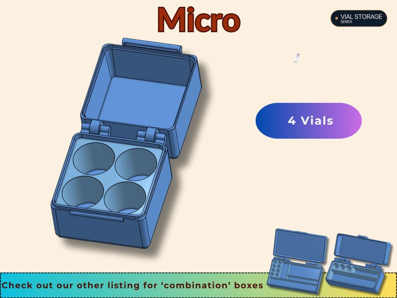 May include: A blue square storage box with a hinged lid and four circular interior compartments. The text Micro, Vial Storage Series, and 4 Vials are visible. Two smaller blue boxes are shown at the bottom with the text Check out our other listing for combination boxes.