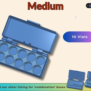 May include: A medium blue plastic storage box with an open hinged lid, featuring ten circular compartments for vials. The text "Medium", "VIAL STORAGE SERIES", and "10 Vials" are visible. Two smaller blue boxes are shown at the bottom right.