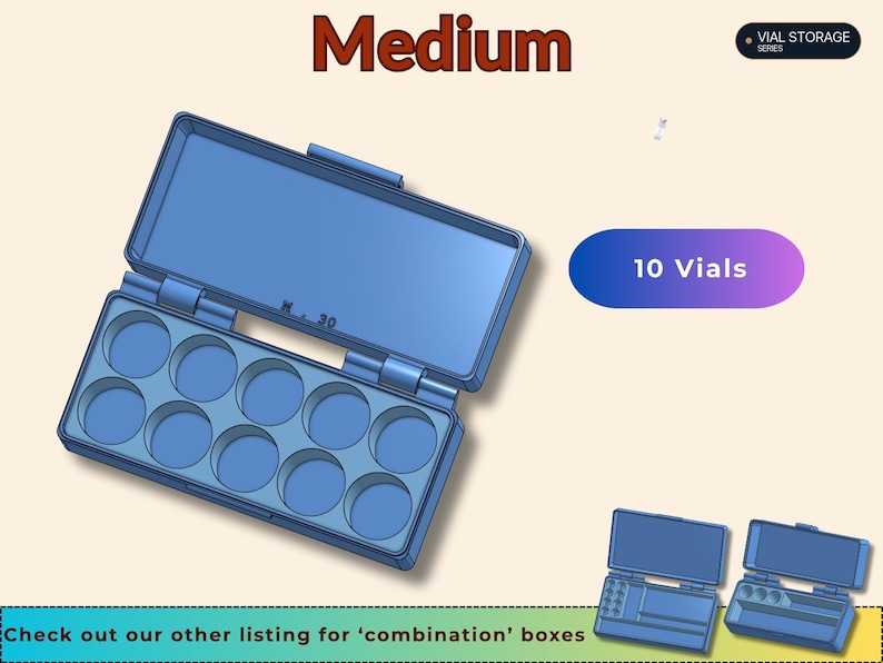 May include: A medium blue plastic storage box with an open hinged lid, featuring ten circular compartments for vials. The text "Medium", "VIAL STORAGE SERIES", and "10 Vials" are visible. Two smaller blue boxes are shown at the bottom right.