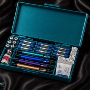 May include: A teal rectangular storage case with a hinged lid containing four metal pens in blue, purple, and gold, multiple glass vials, small cylindrical cartridges, and several white sterile alcohol prep pad packets arranged in moulded compartments.