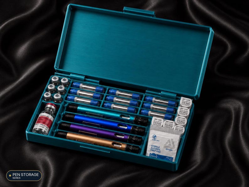 May include: A teal rectangular storage case with a hinged lid containing four metal pens in blue, purple, and gold, multiple glass vials, small cylindrical cartridges, and several white sterile alcohol prep pad packets arranged in moulded compartments.
