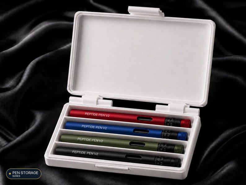 May include: A white rectangular plastic storage case containing four cylindrical pens in red, blue, olive green, and black. Each pen features the text PEPTIDE PEN V2 printed in white, a small rectangular window, and a black dial at the end.