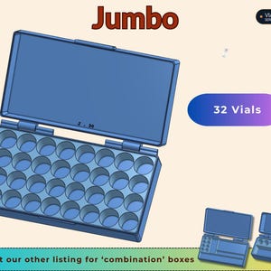 May include: A blue plastic storage case labeled Jumbo and Vial Storage Series, featuring an open lid and a base with 32 circular slots for vials. The case includes a text graphic stating 32 Vials and a footer note about combination boxes.
