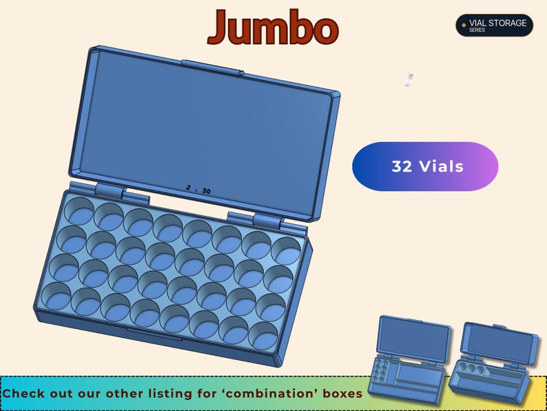 May include: A blue plastic storage case labeled Jumbo and Vial Storage Series, featuring an open lid and a base with 32 circular slots for vials. The case includes a text graphic stating 32 Vials and a footer note about combination boxes.