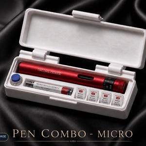 May include: A red Peptide Pen V2 device housed in a white rectangular storage case. The set includes a Peptide Pen V2 cartridge, a small blue cap, and four individual needle attachments labelled V2 Needle, all organised in custom-fitted slots.