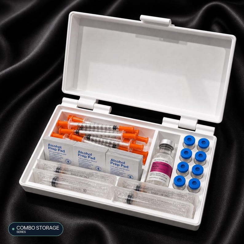 Puede incluir: Un estuche de almacenamiento de pl&aacute;stico blanco que contiene suministros m&eacute;dicos, incluyendo varias jeringas con tapas naranjas, paquetes de toallitas con alcohol, un vial de vidrio con etiqueta rosa y ocho viales peque&ntilde;os con tapas azules.