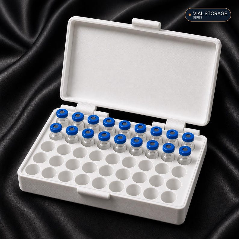 May include: A white plastic storage box with a hinged lid, featuring a grid of circular slots. The box contains sixteen small clear glass vials with blue caps. The text VIAL STORAGE SERIES is printed in the upper right corner of the image.