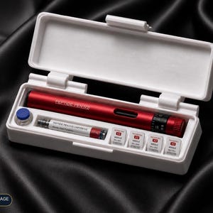 May include: A red Peptide Pen V2 in a white rectangular storage case. The set includes a cartridge labelled Peptide Pen V2, a small blue-capped vial, and four small white boxes labelled Peptide Pen V2 Needle. The pen features a black dial.