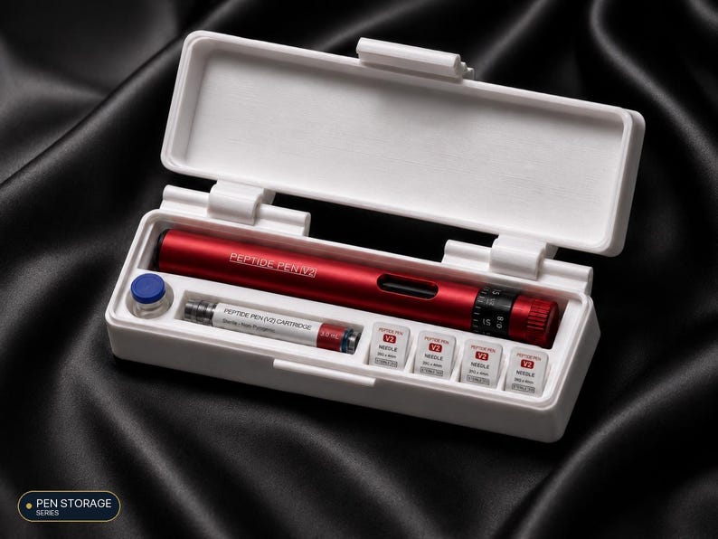 May include: A red Peptide Pen V2 in a white rectangular storage case. The set includes a cartridge labelled Peptide Pen V2, a small blue-capped vial, and four small white boxes labelled Peptide Pen V2 Needle. The pen features a black dial.