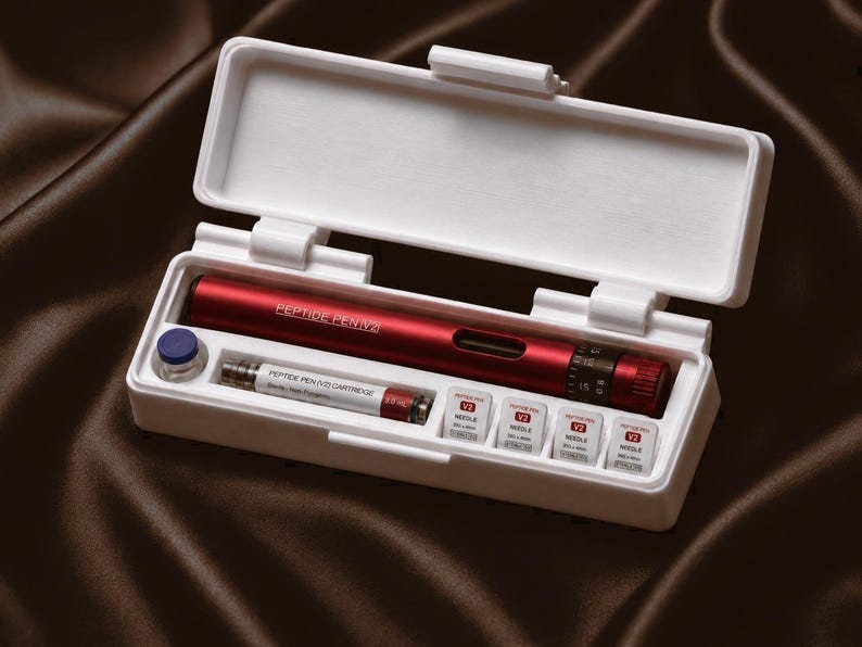 GLP-1 pen organizer on warm copper fabric backdrop