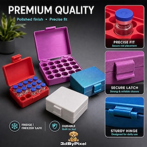 May include: A collection of square storage boxes with hinged lids and internal circular slots for small vials. The boxes are red, purple, white, and blue. Features include a secure latch, sturdy hinge, and precise fit for vials.