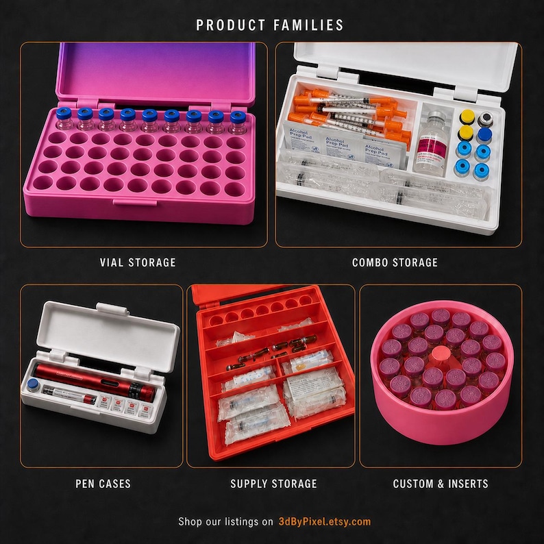 May include: A collection of storage organizers labeled Product Families including a pink vial storage box, a white combo storage box with syringes and alcohol pads, a white pen case, a red supply storage box, and a round pink custom insert container.