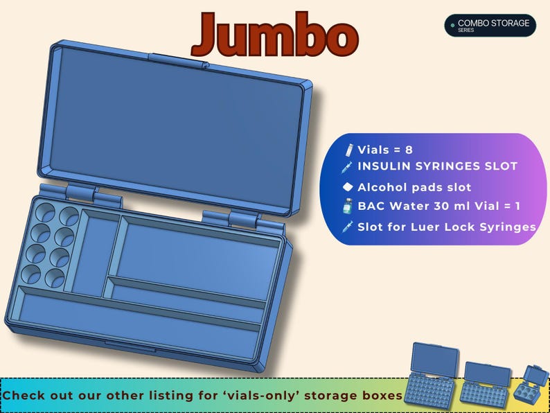以下が含まれることがあります： Jumboとラベル付けされたヒンジ付き蓋付きの青い長方形の収納ボックス。内部には8つの円形スロット、2つの長方形コンパートメント、1つの細長いスロットがあります。テキストには、バイアル、インスリン注射器、アルコールパッド、BACウォーターの容量が記載されています。