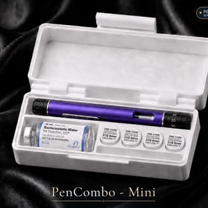 May include: A white rectangular storage case labelled Pen Storage Series and PenCombo - Mini. Inside is a purple injection pen, a 30 mL vial of Bacteriostatic Water for Injection, USP, and four One-Care 31G 6mm needle caps arranged in a row.